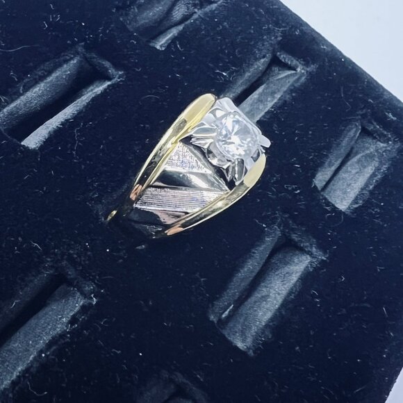 ESPO 14kt Gold Electroplate & Silver Tone Men's Ring W/Clear Rhinestone (R416) - Picture 2 of 6